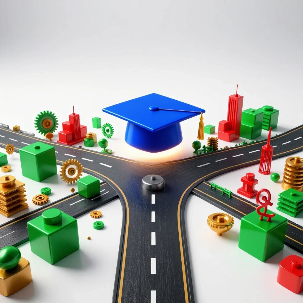 A crossroads with a glowing graduation cap on one path and vibrant startup symbols on another, set against a bright studio background.