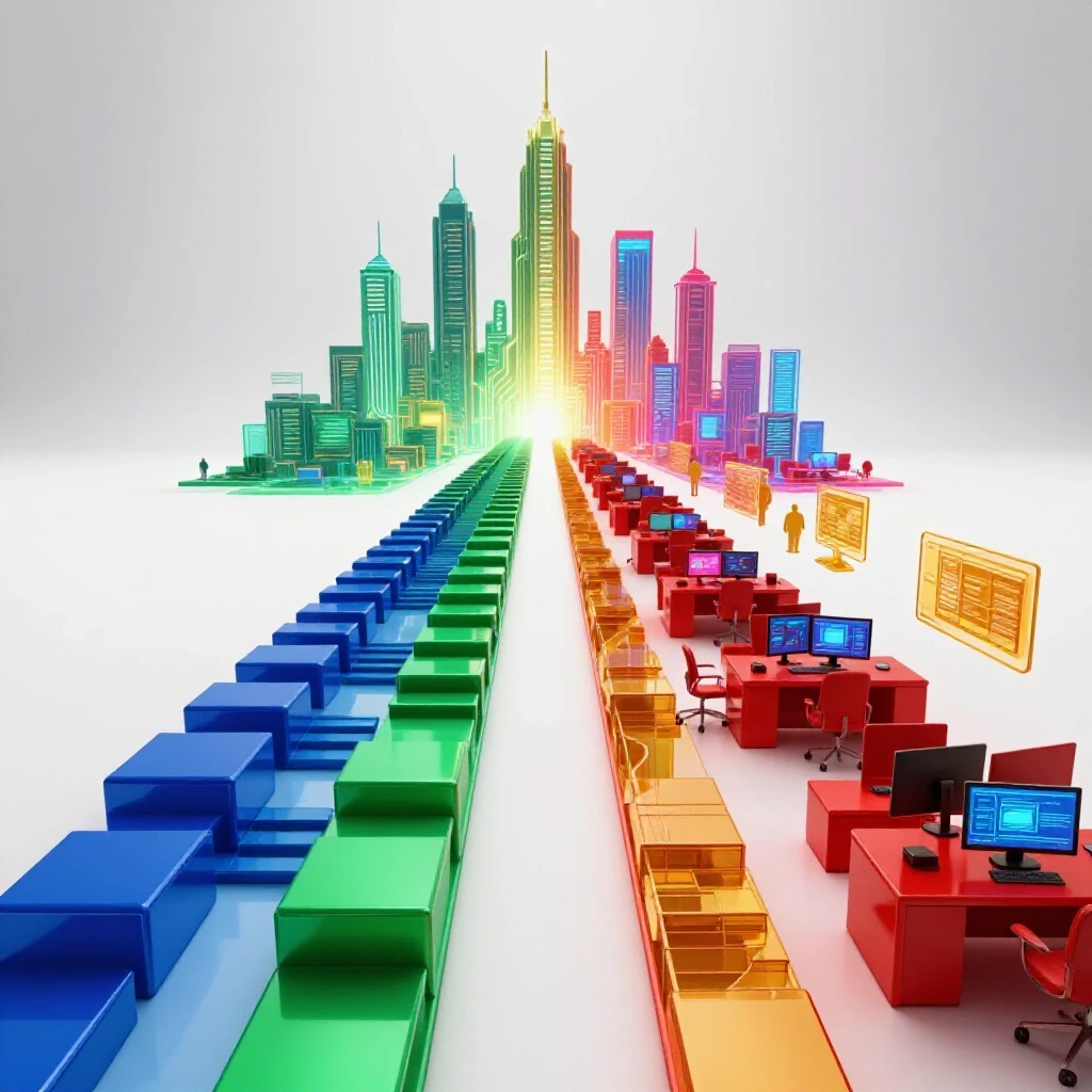 Split pathway with one side rising through a digital futuristic landscape and the other through a vibrant tech office, set on a luminous white background.