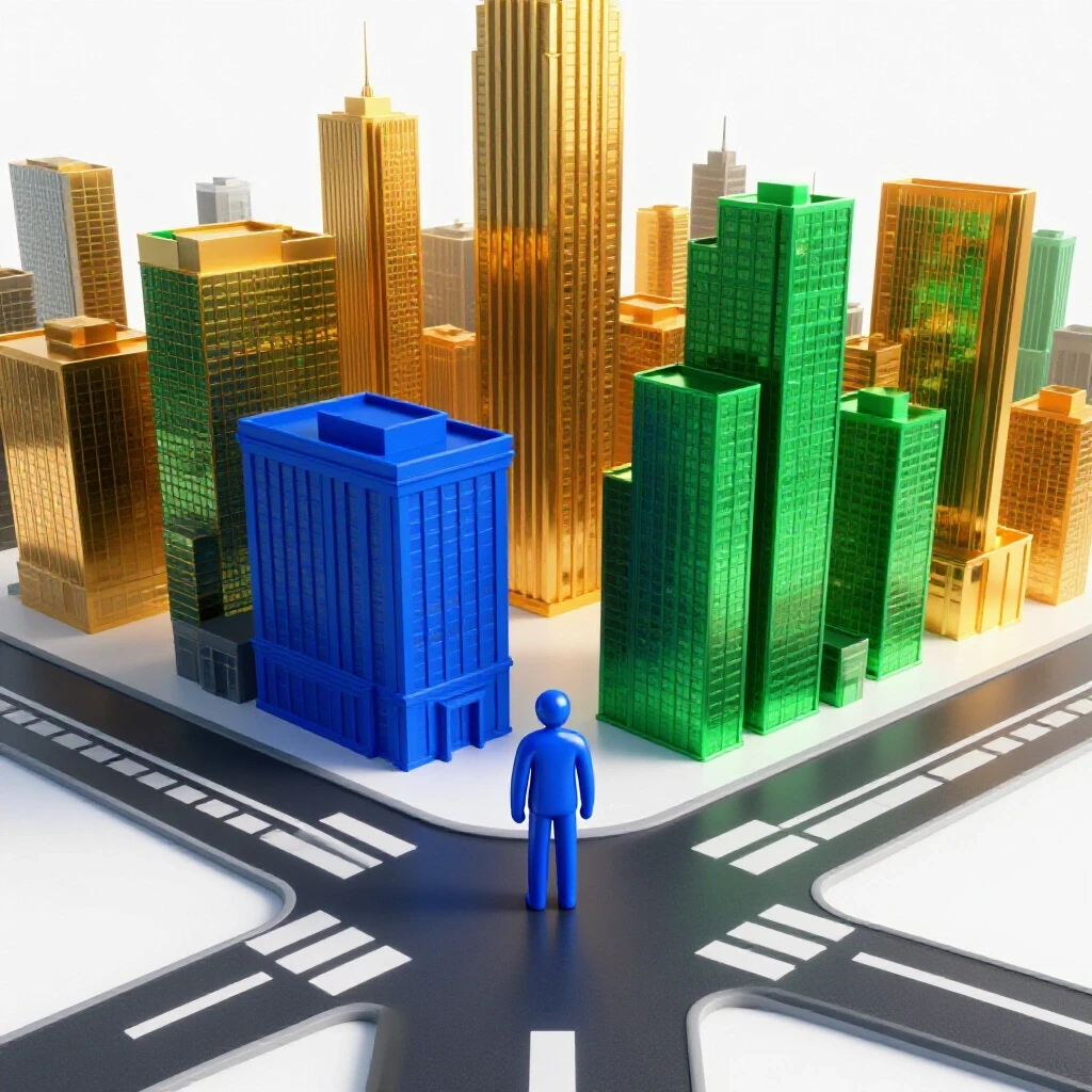 A glossy figure stands at a crossroads choosing between an ordinary office and a luminous city skyline symbolizing career growth.