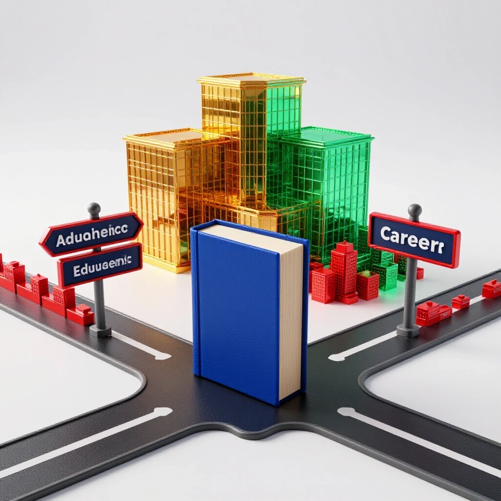 Crossroads with a blue book, signposts pointing to a bright academic building and a vibrant cityscape, on a clean luminous background