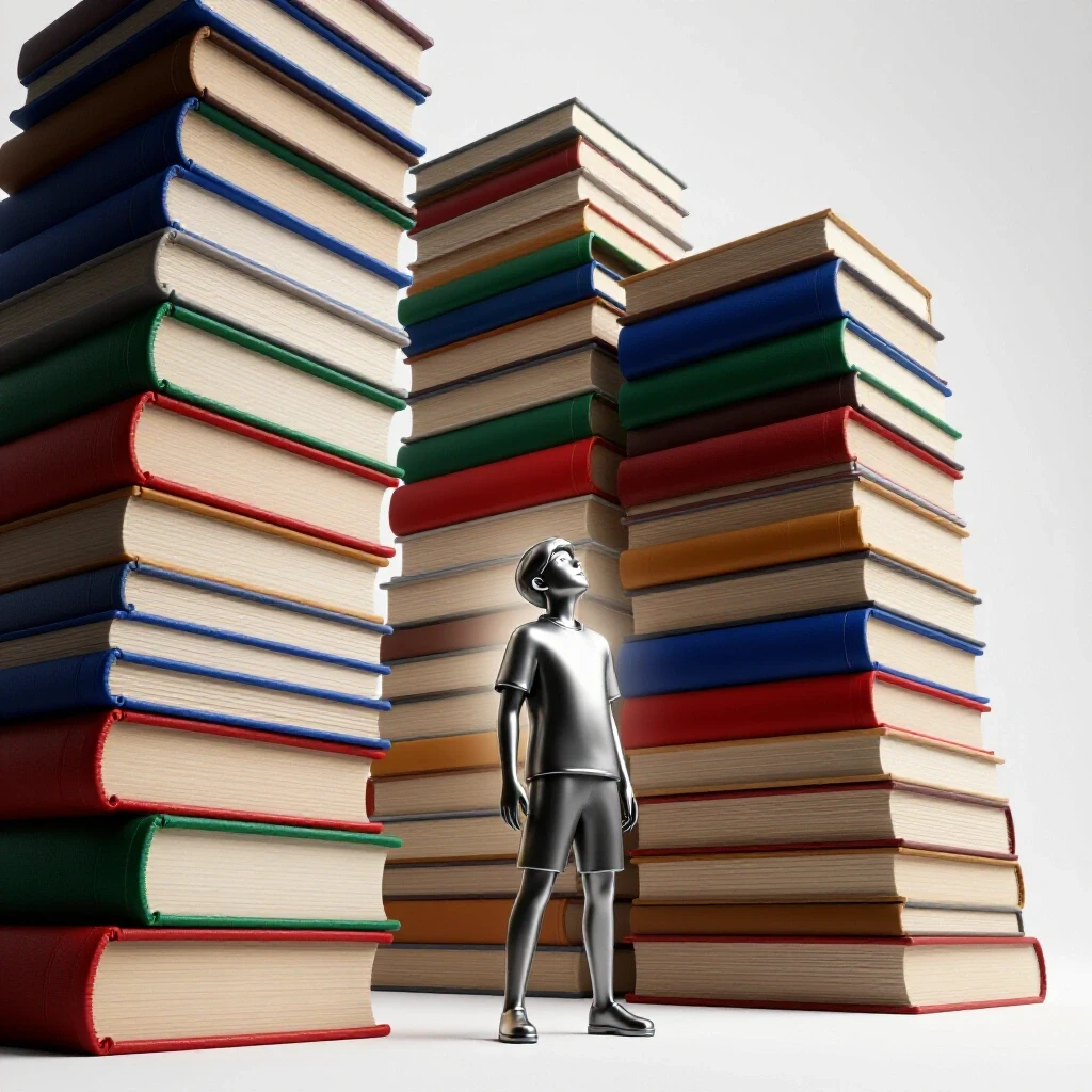 Stack of bold-colored oversized books and papers towers above a metallic student figure on a bright white background.