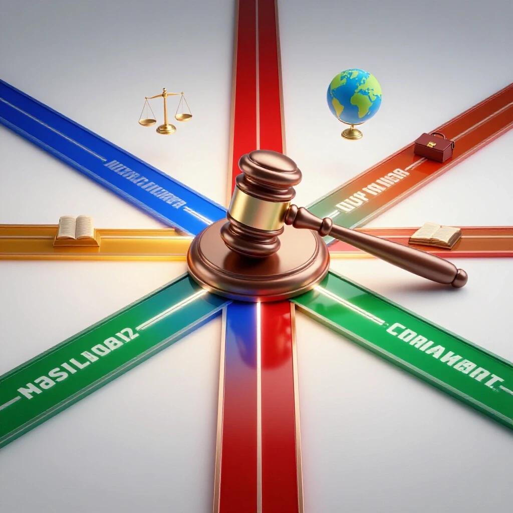 A metallic gavel stands at the center of illuminated crossroads, with glowing colored paths leading to legal symbols on a bright studio background.