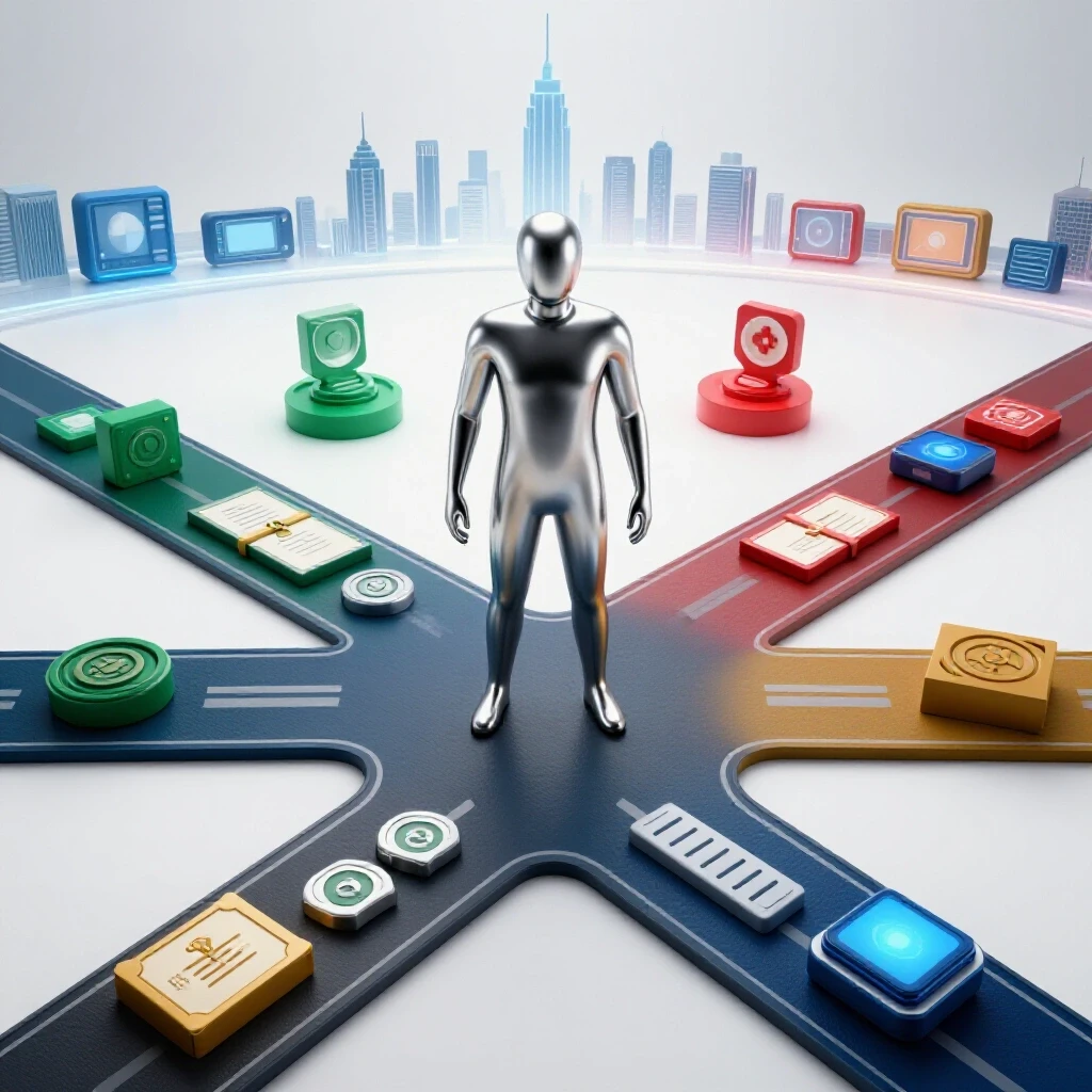 Faceless chrome figure at a Y-shaped crossroads lined with colorful academic and tech icons, futuristic city beyond.