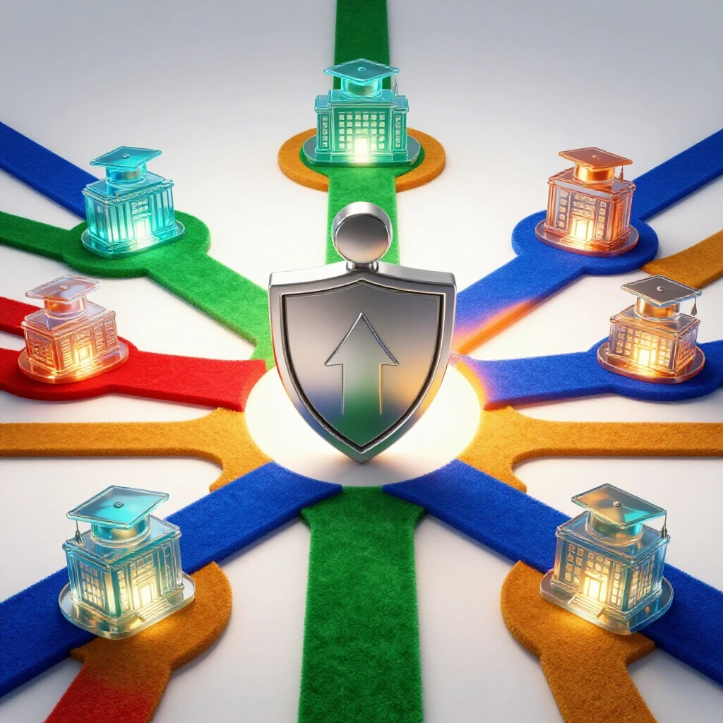Symbolic figure stands at a vibrant crossroads with bold colored paths leading to illuminated schools.