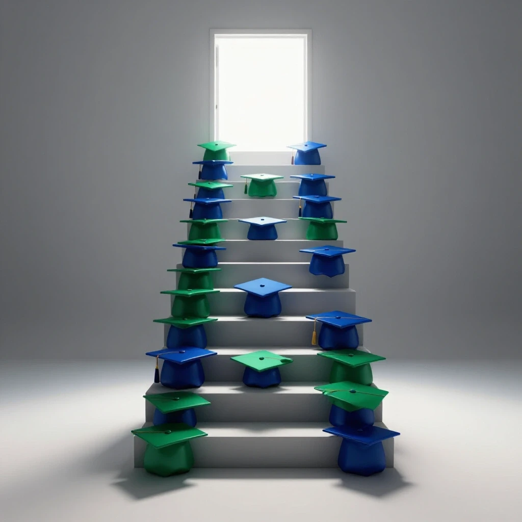 Staircase of glossy graduation caps leading to a bright doorway, symbolizing teacher career advancement.