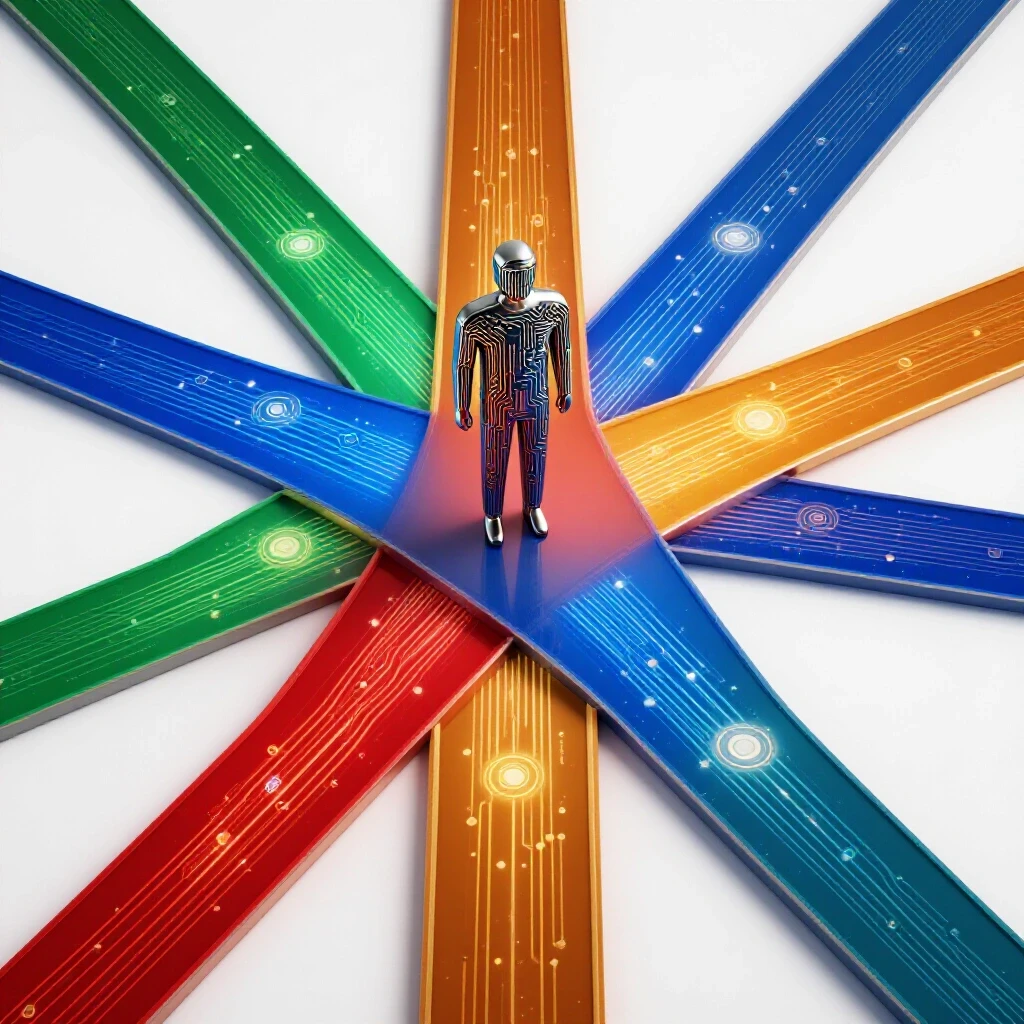A modern IT crossroads with glowing tech pathways diverging from a central figure, symbolizing advanced degree choices.