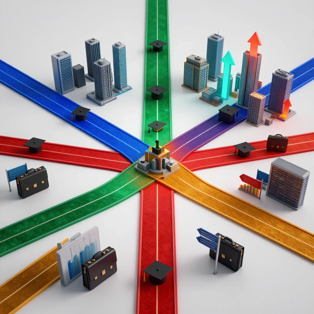 Glossy crossroads with business symbols and vivid branching paths leading to futuristic city skylines