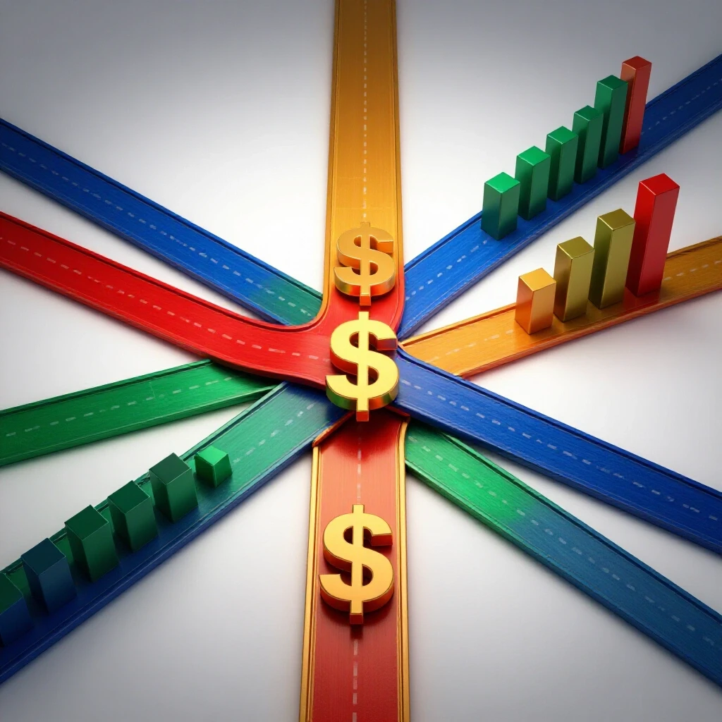 Colorful bar graph and dollar sign pathways intersect on a bright background at a central crossroads.