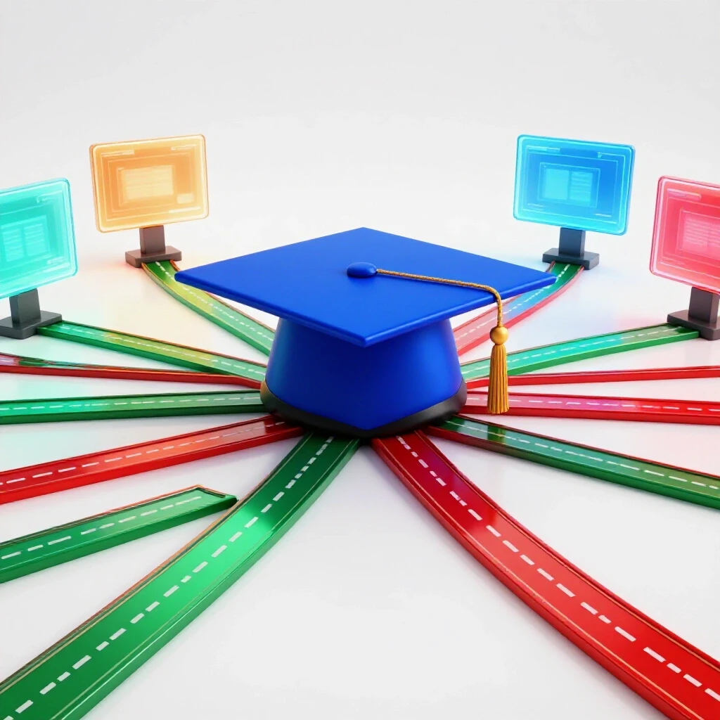 A glossy blue graduation cap with digital branching paths leading to colorful screens, symbolizing remote career options.