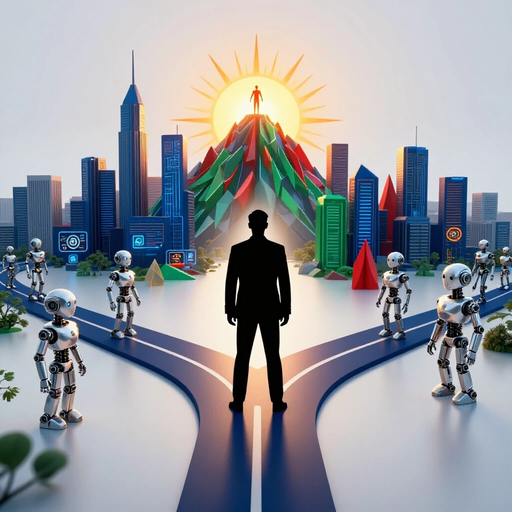 Central crossroads with a professional's path splitting toward a futuristic robotic city and a radiant summit of human resilience