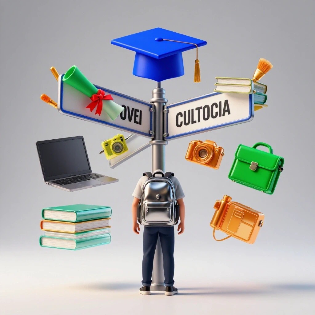 Colorful crossroads with bold academic symbols on one path and vibrant side hustle icons on the other, set in a bright studio scene.