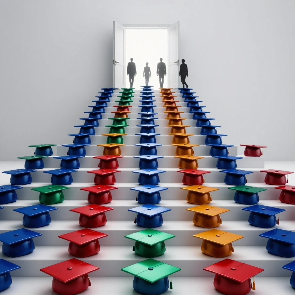 Staircase made of colorful graduation caps leading to a glowing office door, symbolizing career advancement.