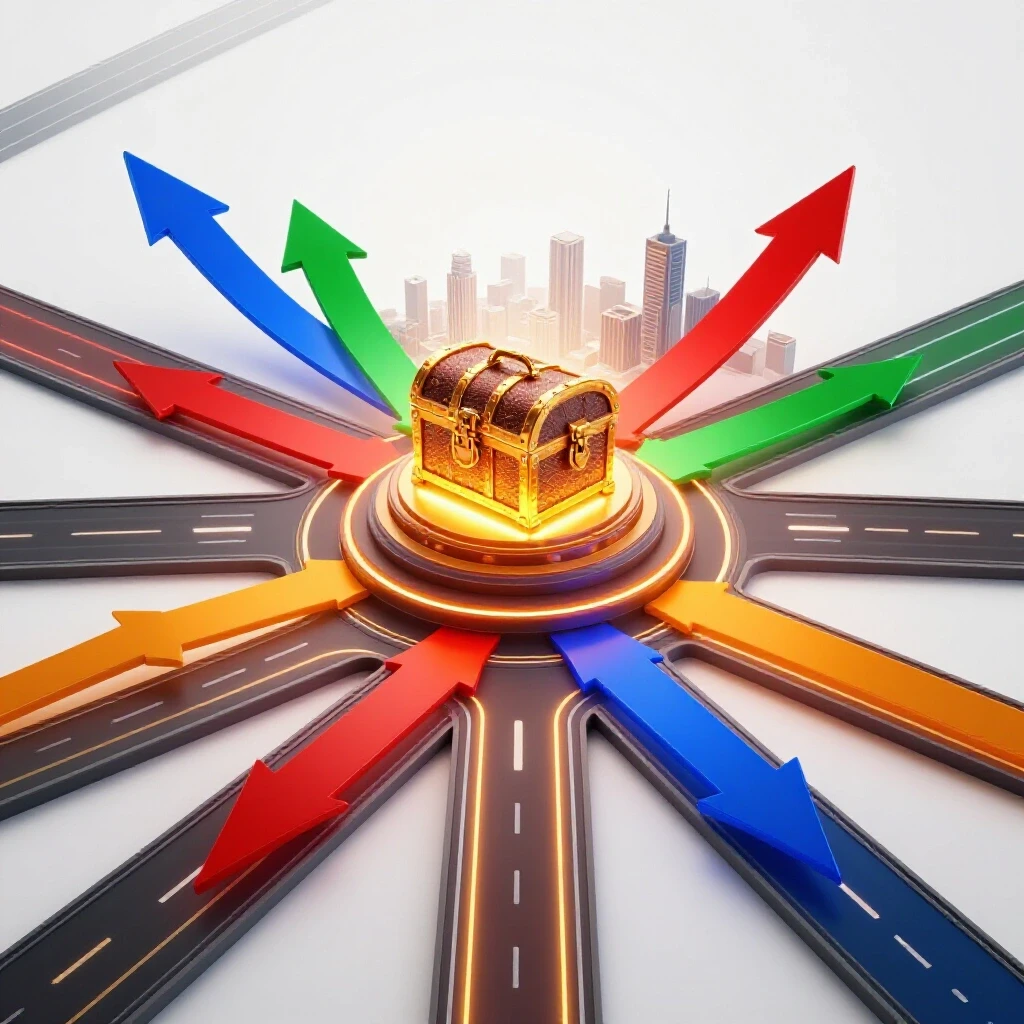 Colorful crossroads with a glowing treasure chest on a podium, upward arrows, and a bright modern cityscape.