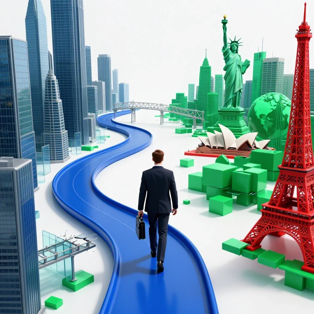 A split scene shows a business suit on a winding path from a cityscape to global landmarks, with obstacles and bridges symbolizing career travel challenges and solutions.