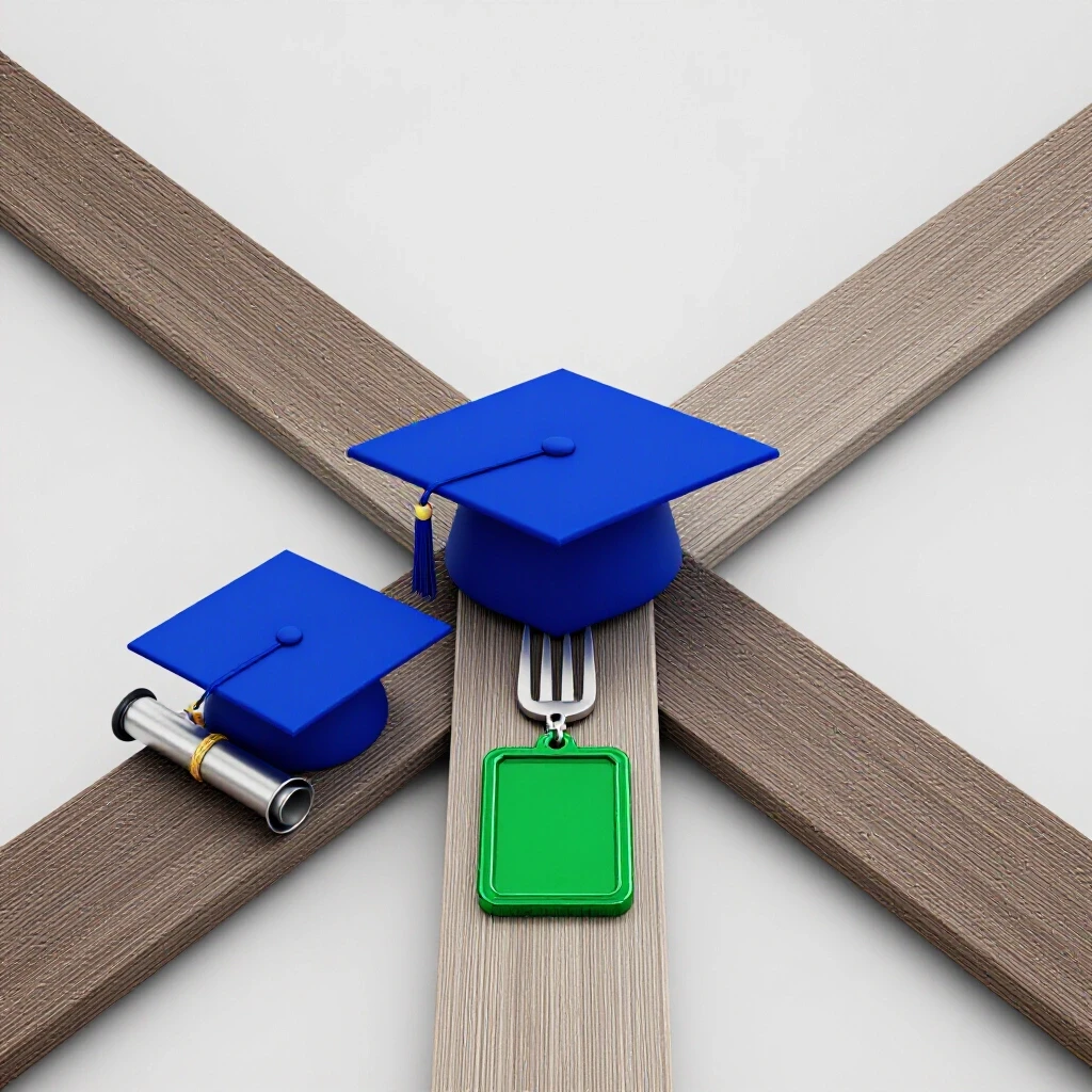 A glossy graduation cap and scroll face a vibrant certificate badge at a bright, well-lit crossroads.