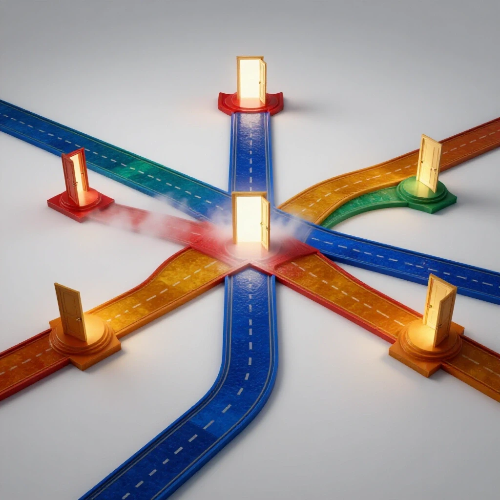 A crossroads with vibrant, winding paths leading to open doors or fading into mist, symbolizing master's enrollment choices.