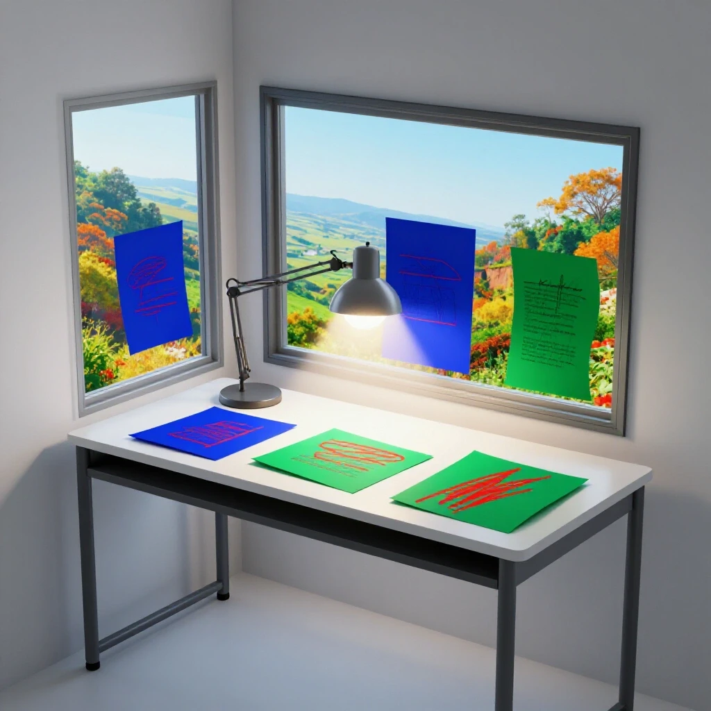 Modern student desk with scattered marked papers illuminated by a beam, open window reveals a bright inviting scene