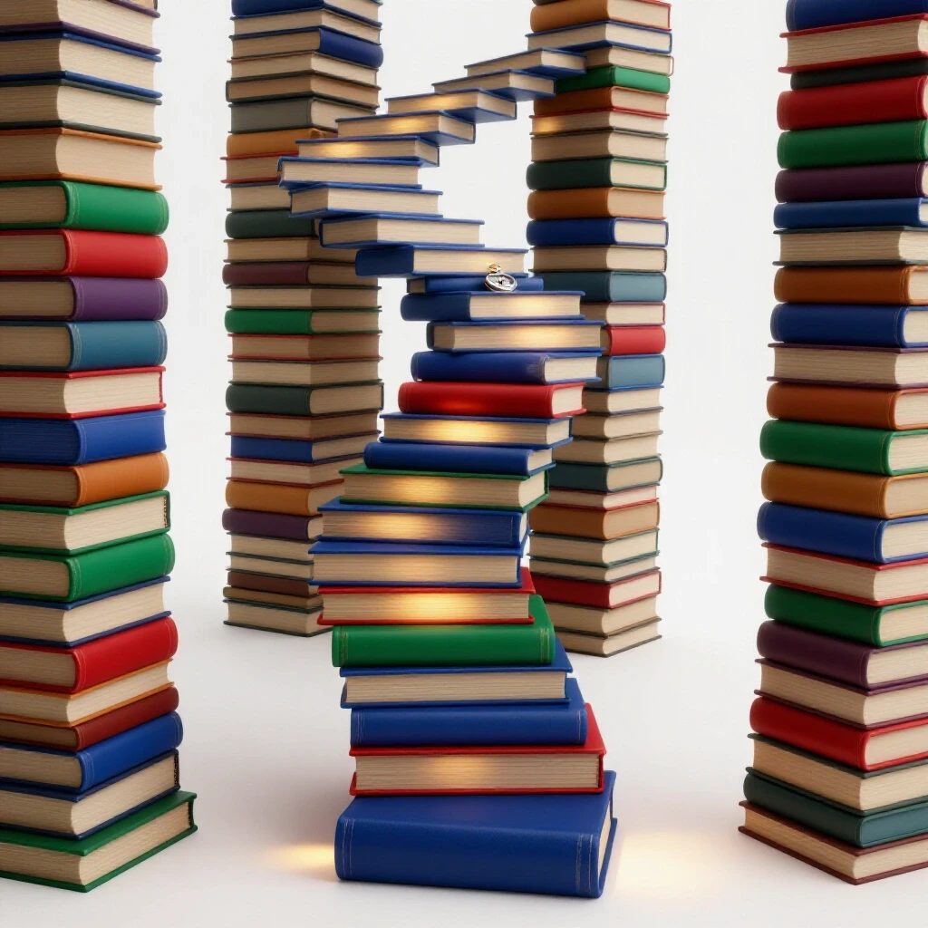Winding staircase of colorful books illuminated by spotlights, symbolizing exam mastery and preparation journey.
