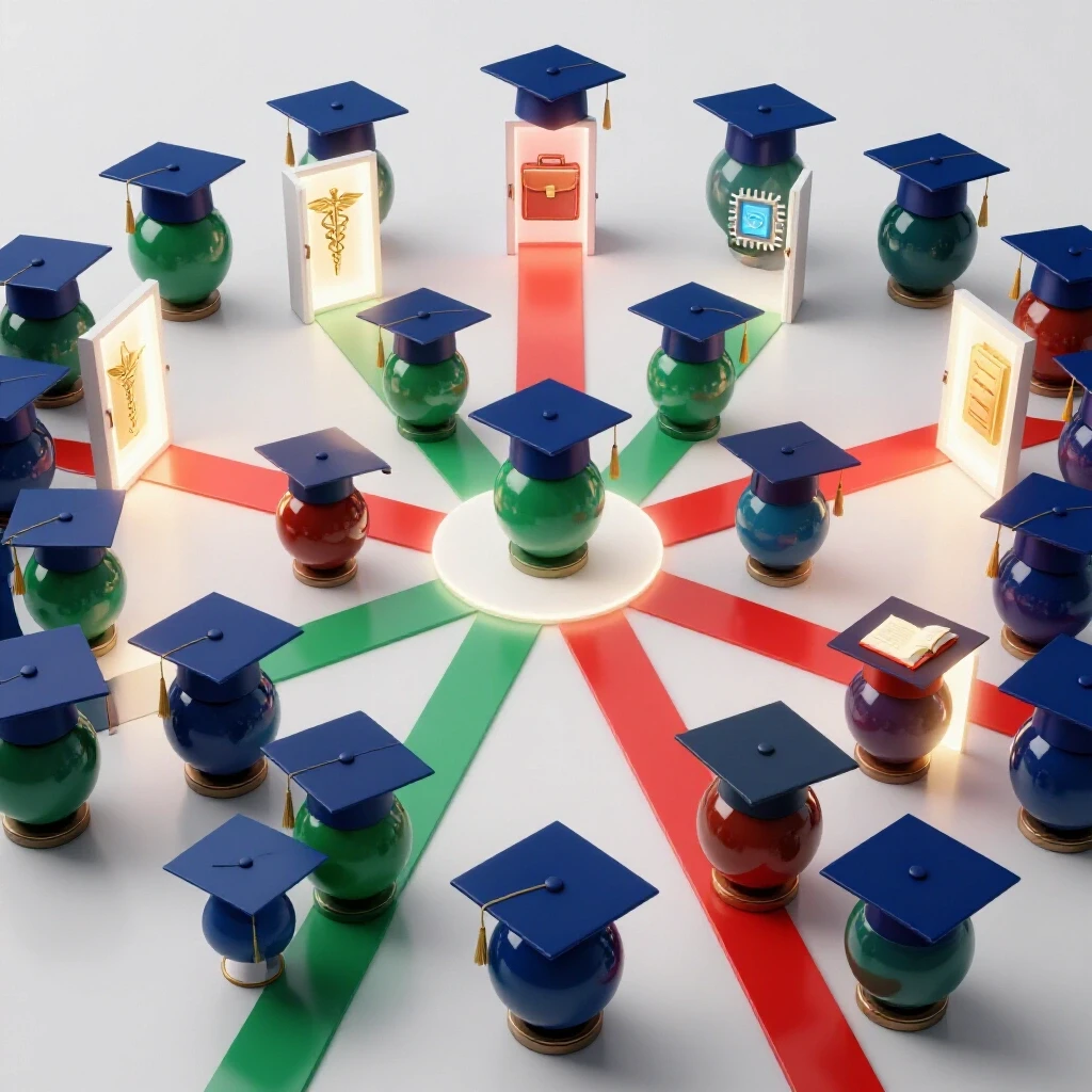 Graduation caps at a crossroads with glowing paths leading to symbols of diverse career options.