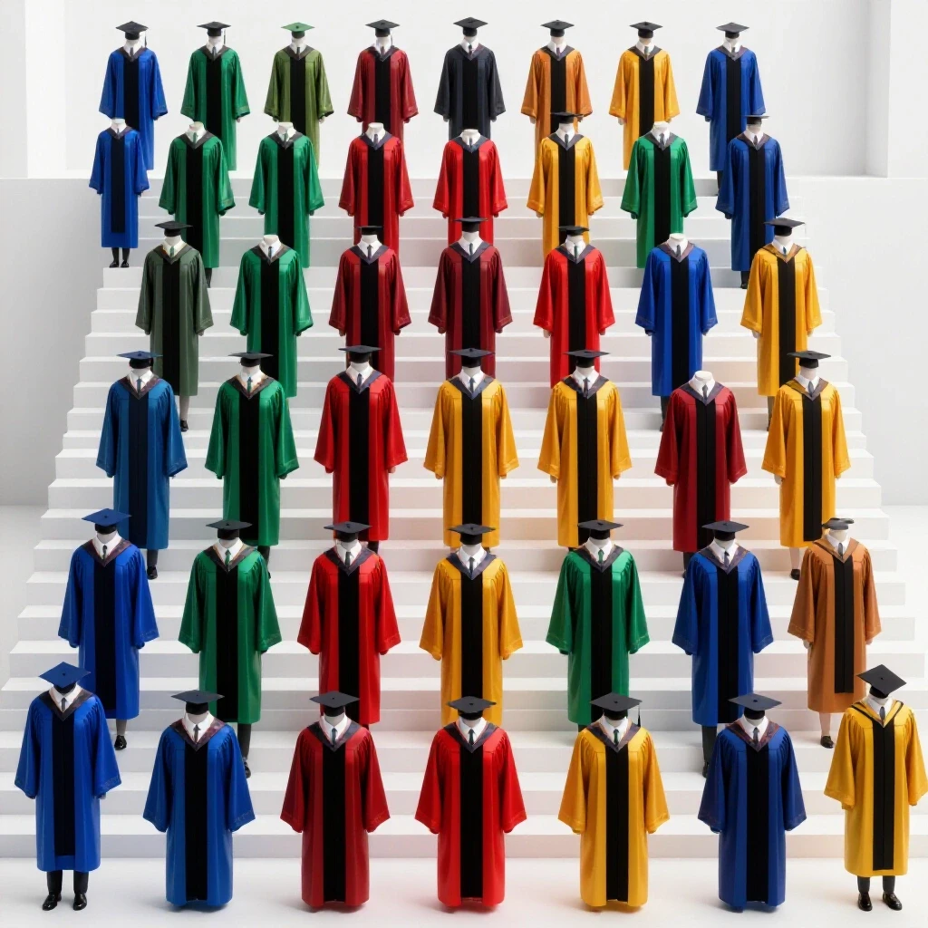 Vividly colored academic gowns in royal blue, green, red, and amber displayed on a bright staircase symbolizing academic progression.