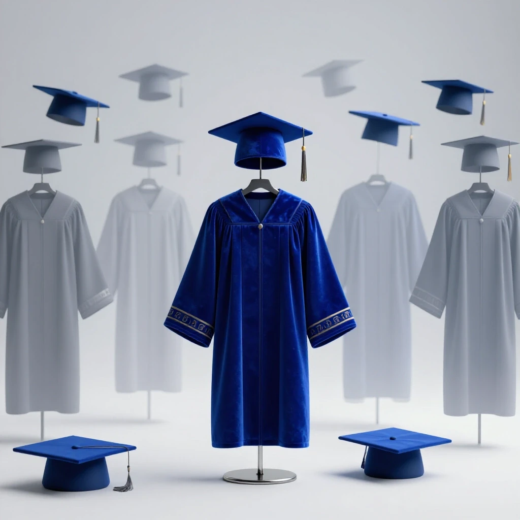 Pristine master's graduation gown and cap perfectly arranged, contrasted by blurred silhouettes of disorganized gowns in the background.