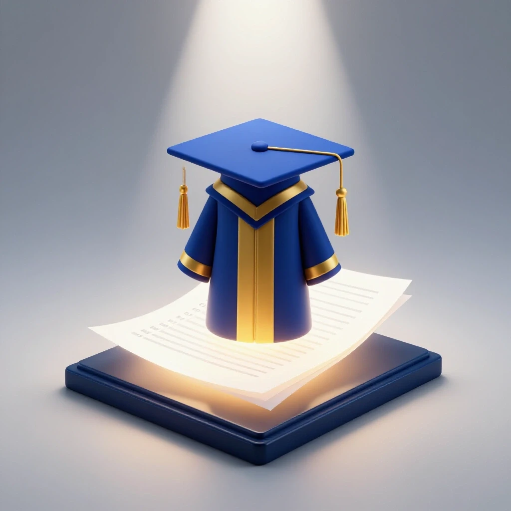 Graduation cap and gown posed confidently atop a glowing exam paper with bright white backdrop and bold colors