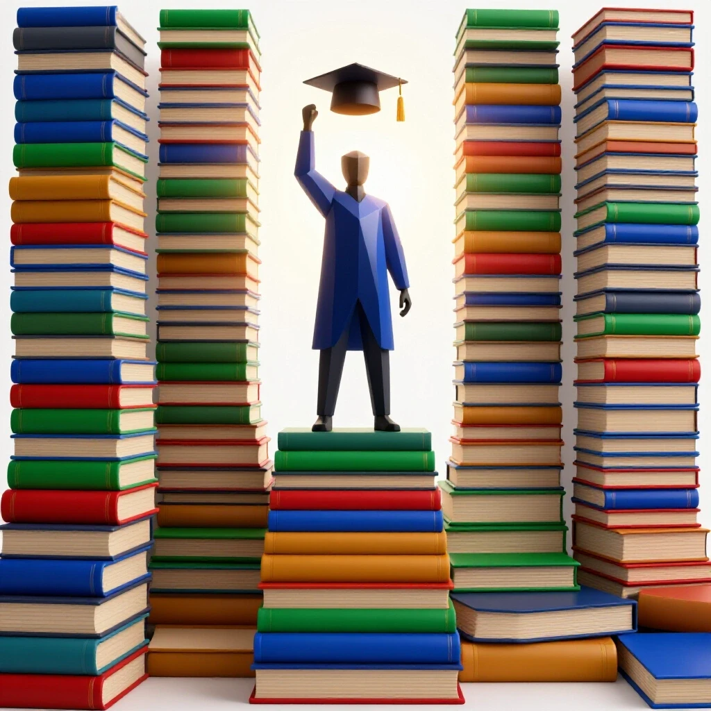 A vibrant geometric figure atop a staircase of colorful books, raising a graduation cap against a glowing sunrise background.