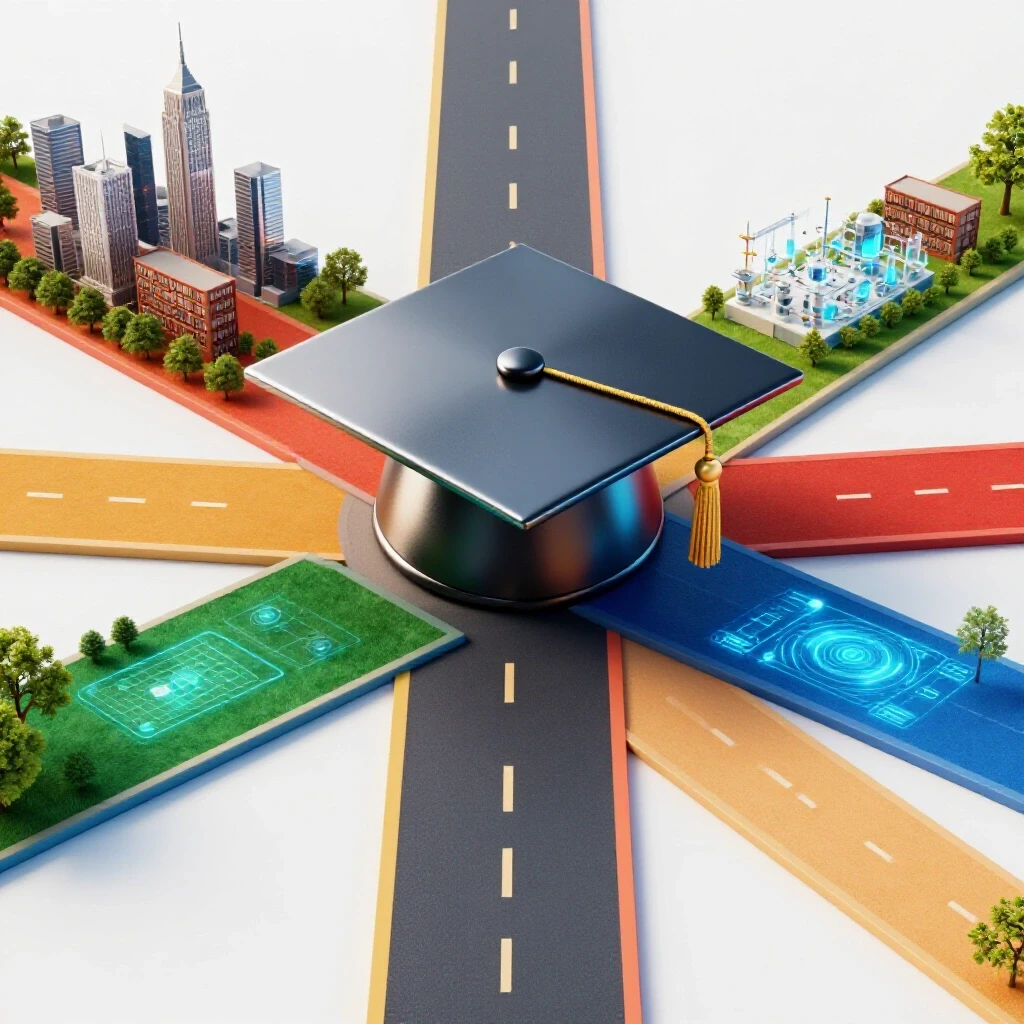 A graduation cap at a crossroads with vivid colored paths leading to different career fields on a bright background.