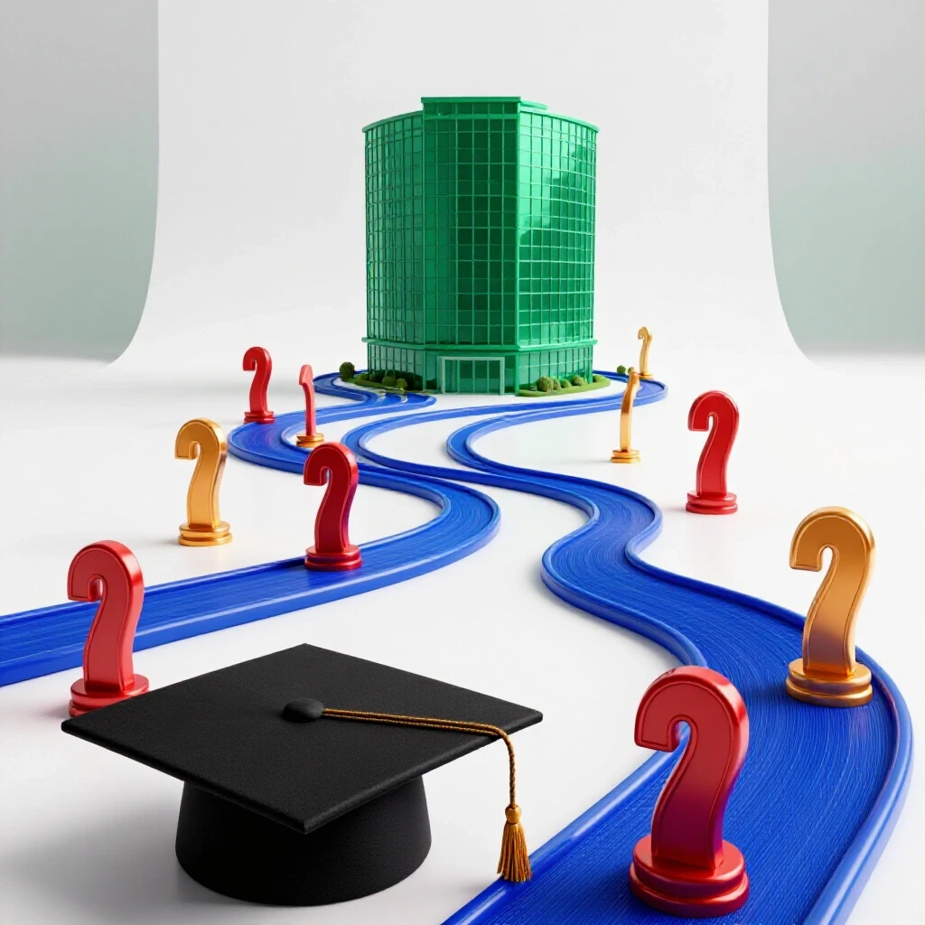A winding, vibrant blue pathway leads from a graduation cap toward a glassy office building, with colorful milestone markers symbolizing progress.