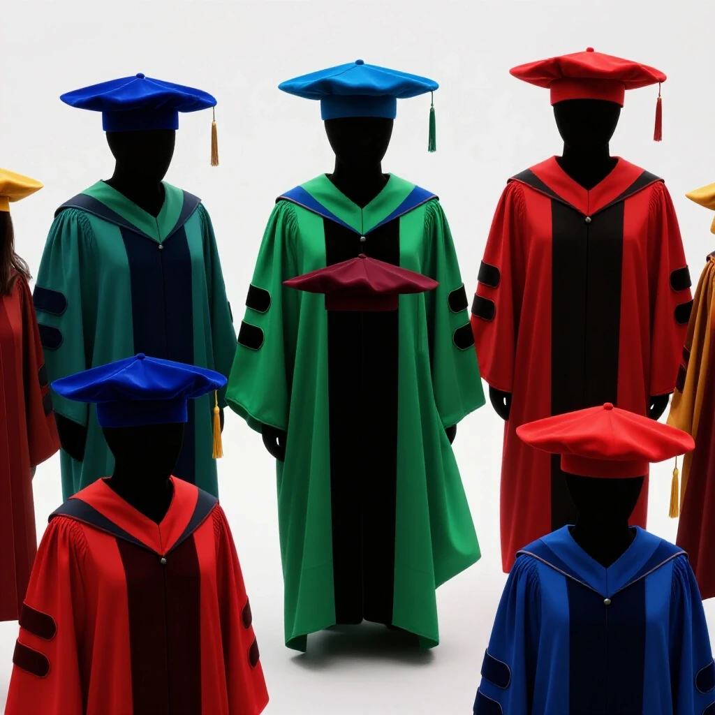 Vivid master's academic hoods in bold colors draped over shadowy silhouettes on a bright background