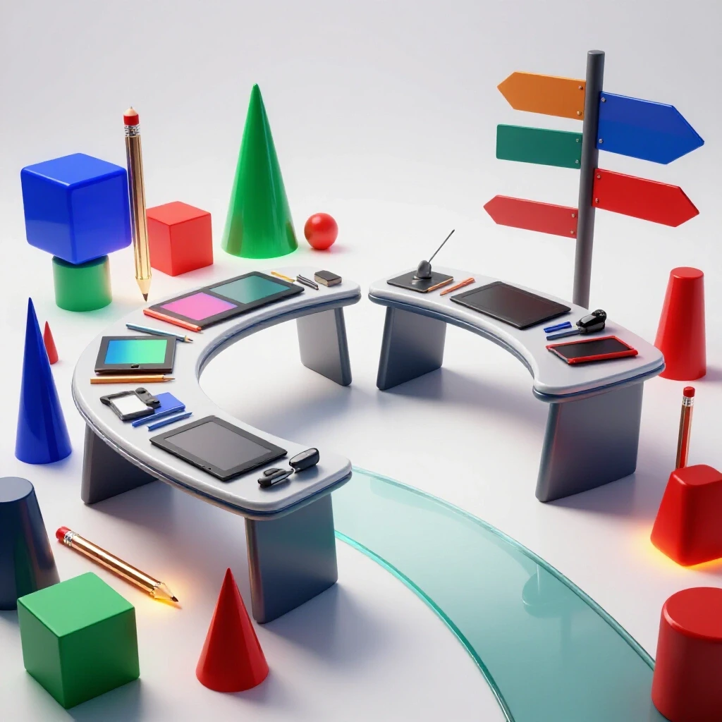 Split scene with creative design tools and glowing opportunities on one side, a crossroads with signposts on the other, set in a luminous studio-white environment.