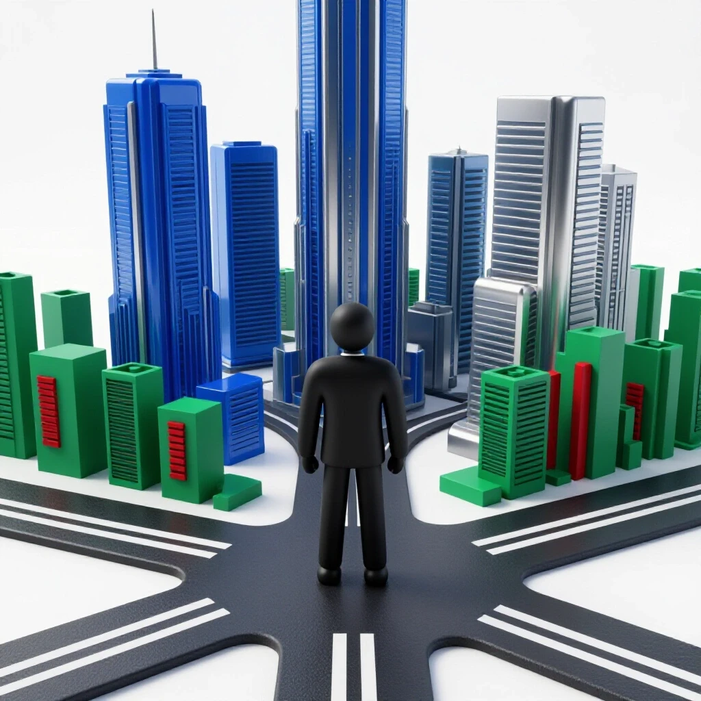 Abstract figure at a crossroads choosing between futuristic skyscrapers and a modest cityscape, vibrant colors, clean white background.