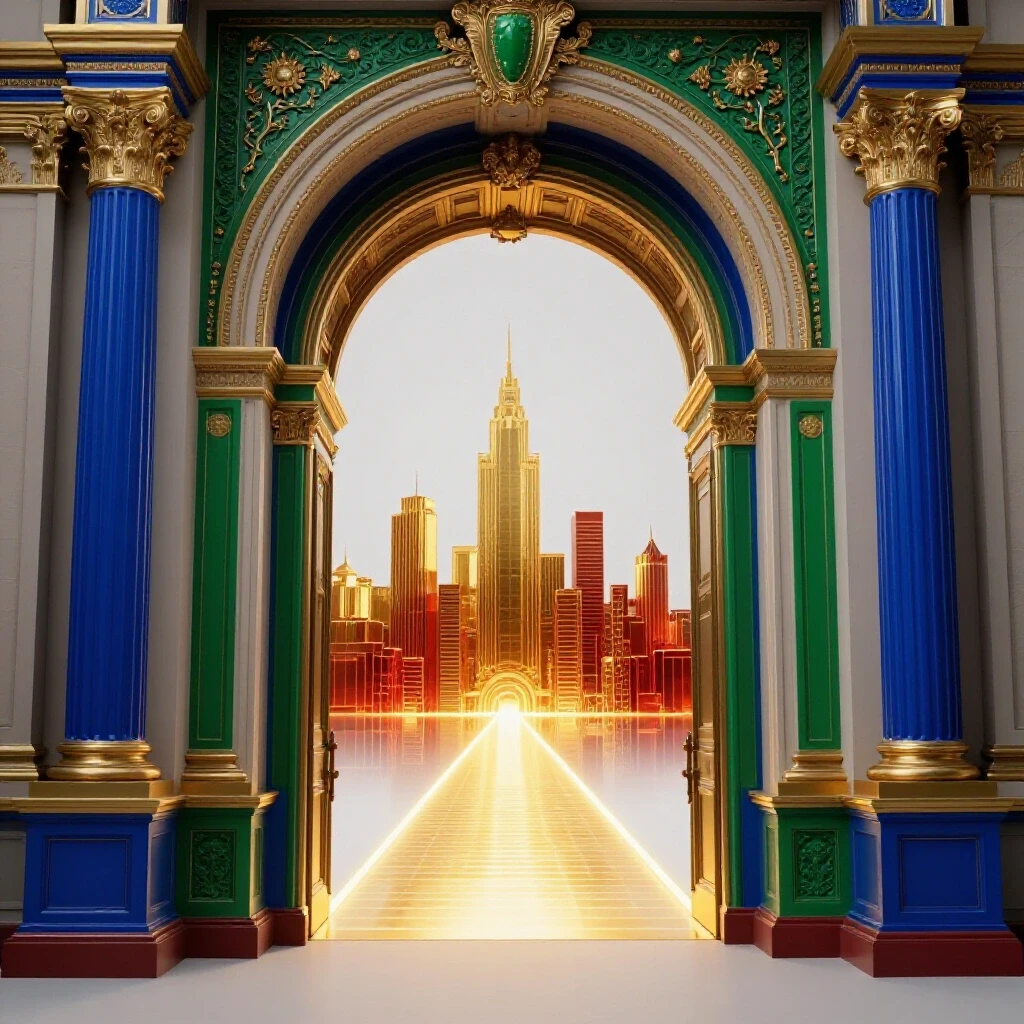 Ornate European university entrance with a glowing path leading toward a vivid modern city skyline.