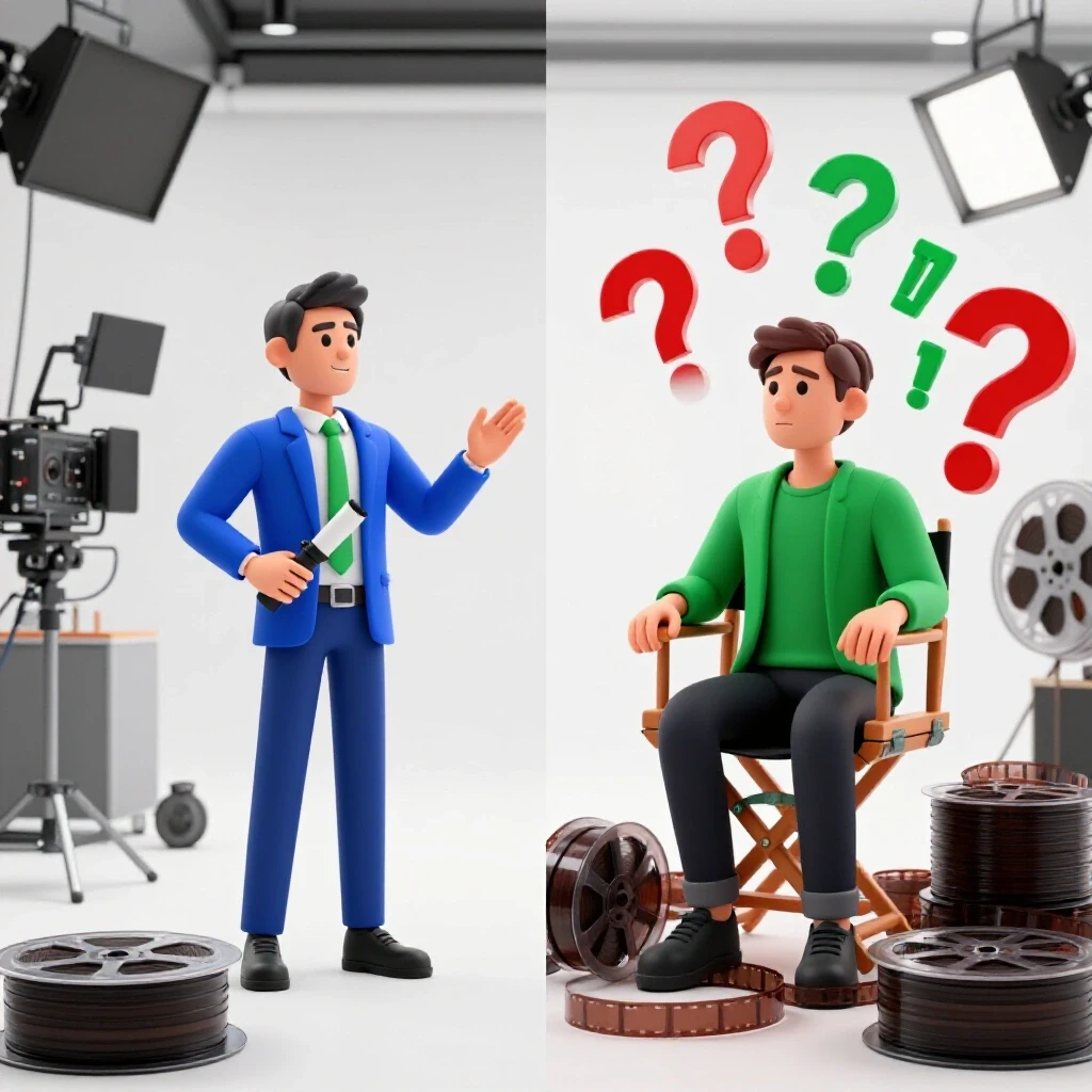 Split scene showing a director with a diploma and lively film set contrasted with a tangled, confused filmmaker.