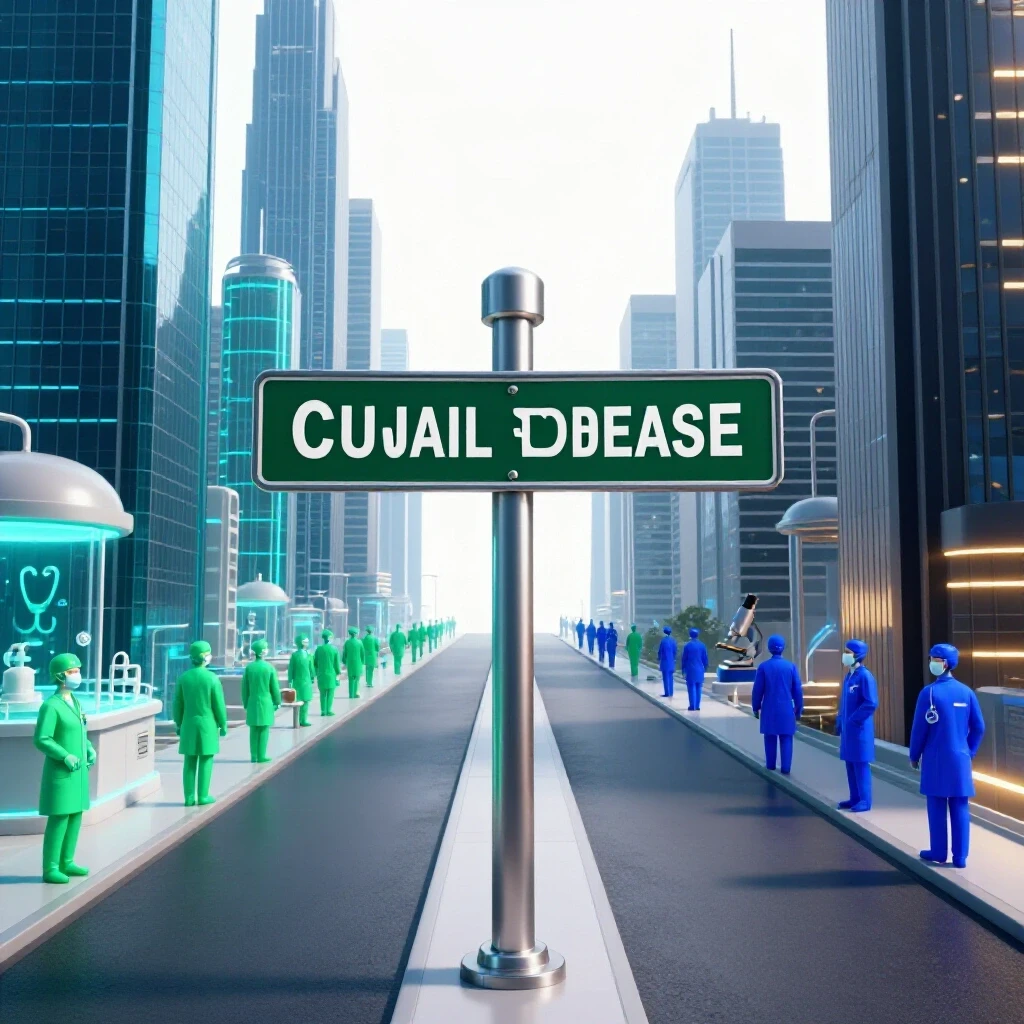 Glossy signpost at a crossroads with one vibrant path leading to a futuristic city of glowing labs and healthcare symbols.