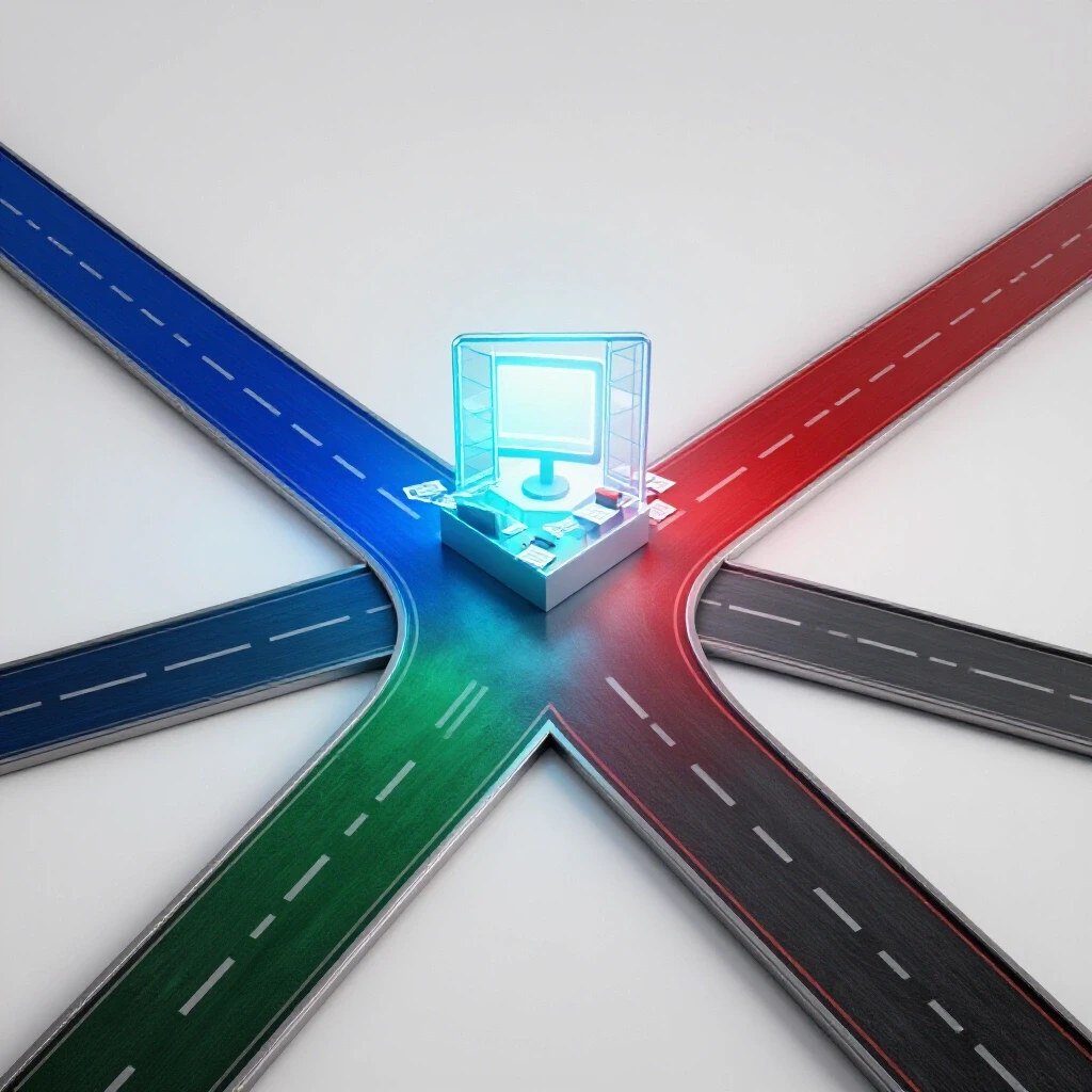 Dynamic 3D crossroads with a glossy split path—one leads to a bright, bustling newsroom, the other fades into uncertainty.