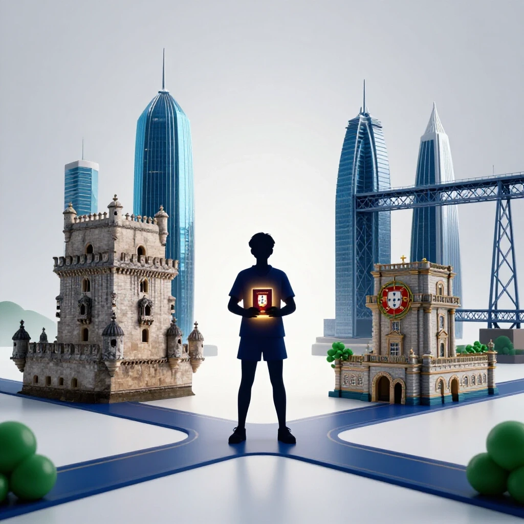 A confident student figure holding a glowing diploma stands at the crossroads of Portuguese landmarks and futuristic cityscapes, bathed in brilliant studio lighting.