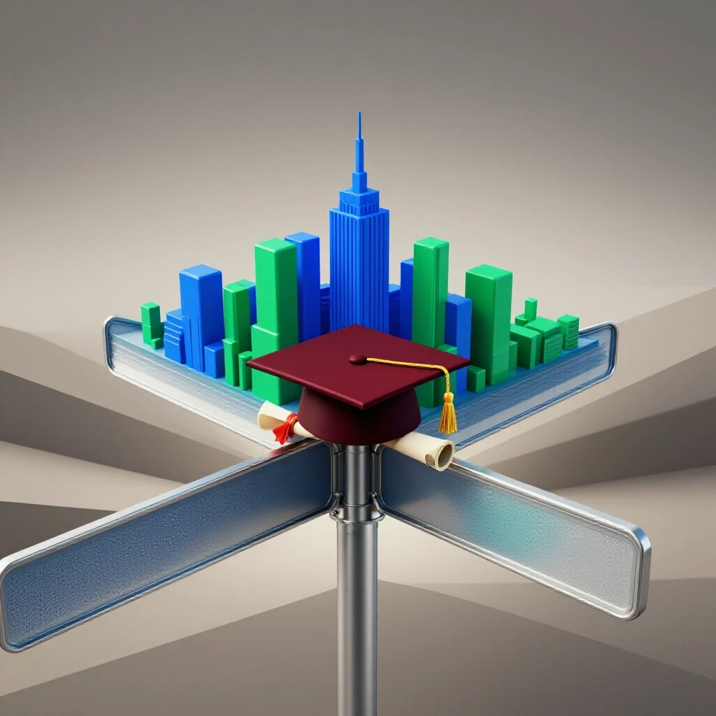 A crossroads signpost with graduation cap and diploma at the center, one path leading to a vibrant city skyline and another to a dimmer horizon, set against a bright background.