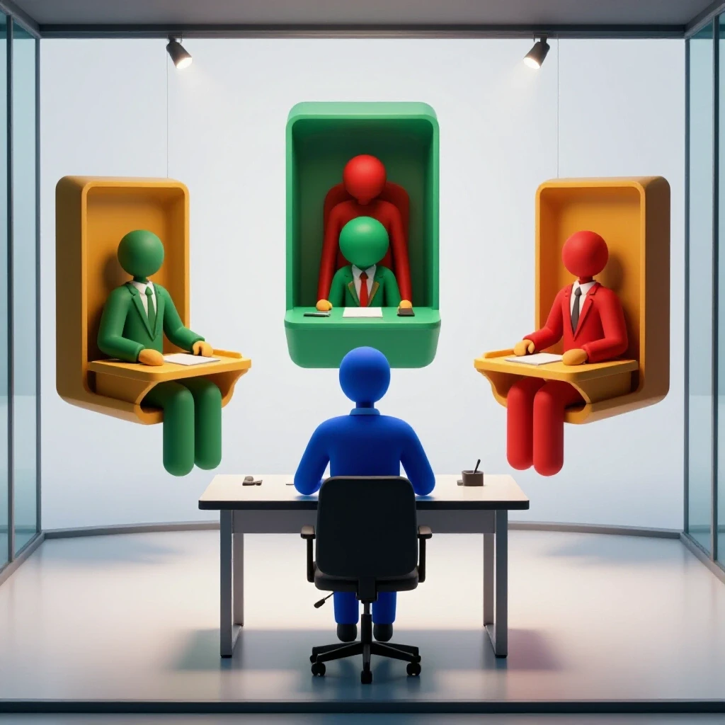 Confident abstract candidate figure facing panel of colorful geometric interviewers in a bright modern room