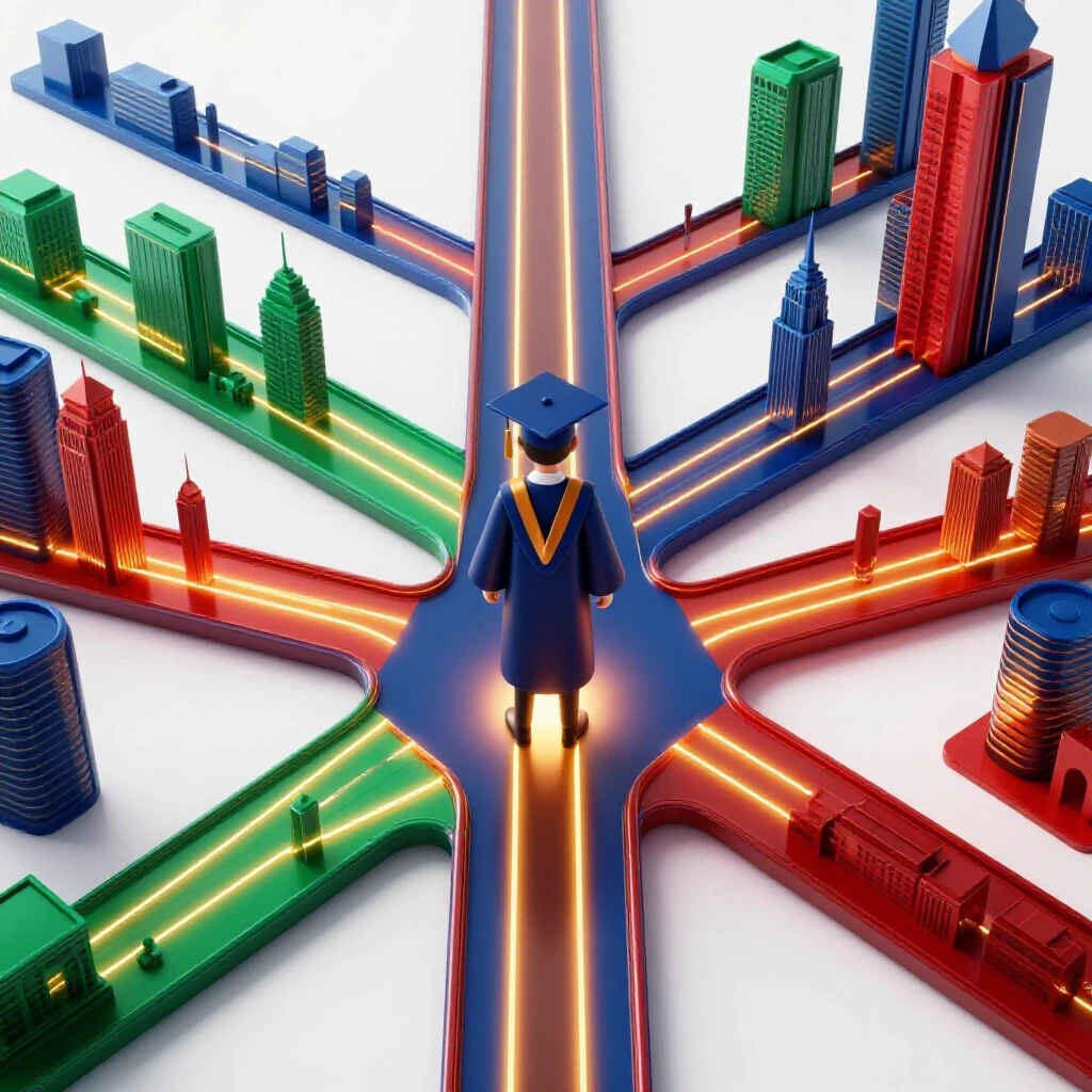 Central graduate at illuminated crossroads with glowing paths leading to vibrant modern cityscapes