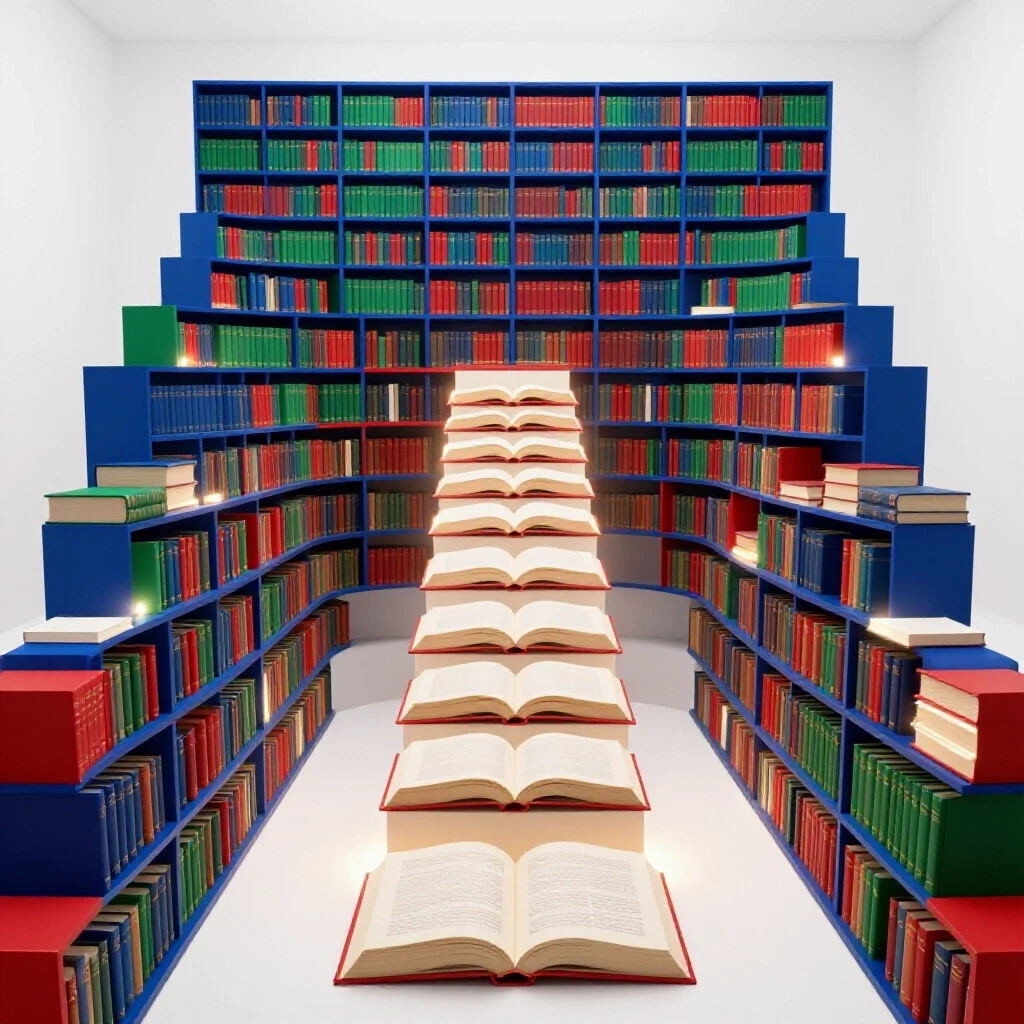 A vibrant, illuminated library with a winding path of open books and glowing highlights guiding upward.