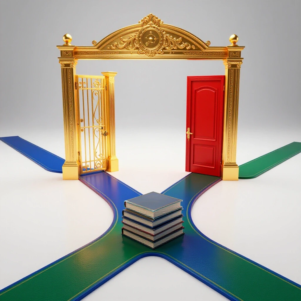 Crossroads with grand, illuminated gateway and smaller red side door symbolizing major and minor program choices