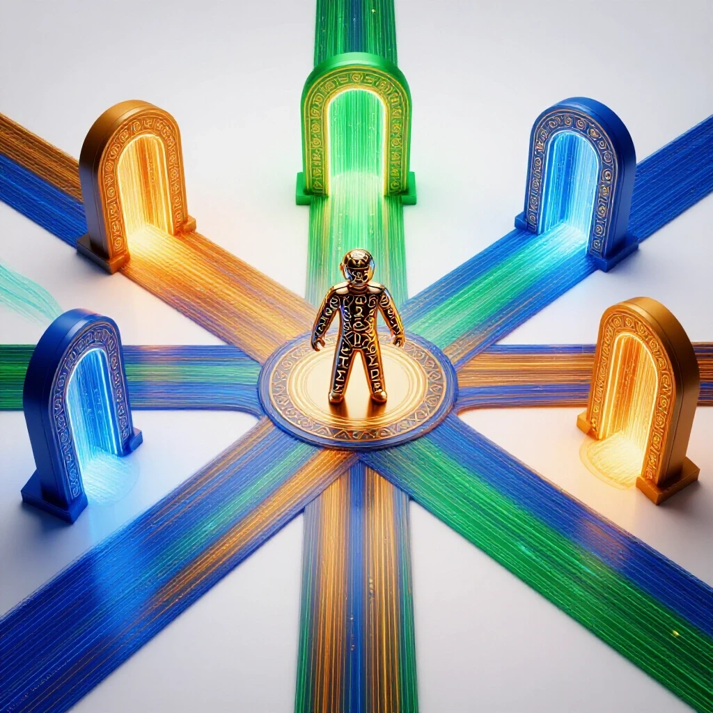 A metallic figure made of math symbols stands at a crossroads, facing glowing doorways with geometric patterns and flowing data streams.