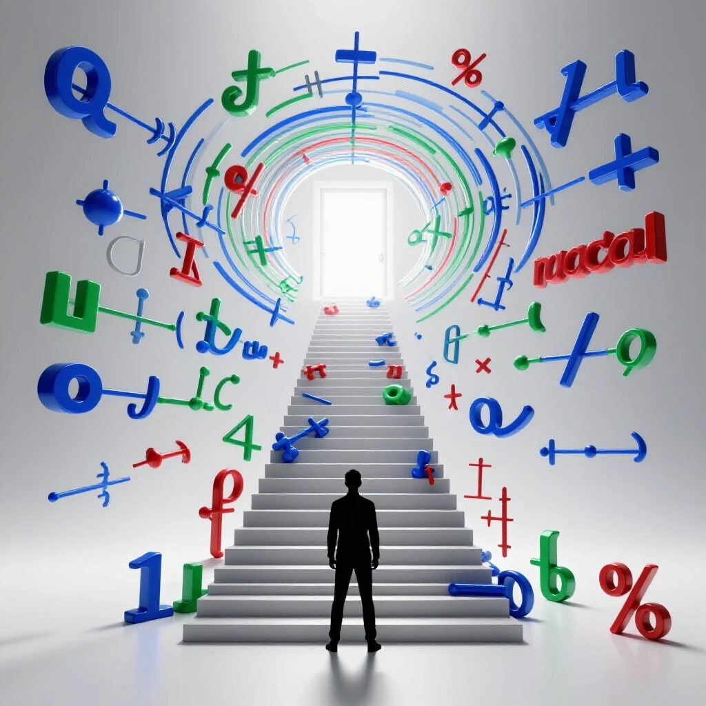A figure stands at the base of a vibrant staircase built from mathematical symbols, leading to a glowing doorway.