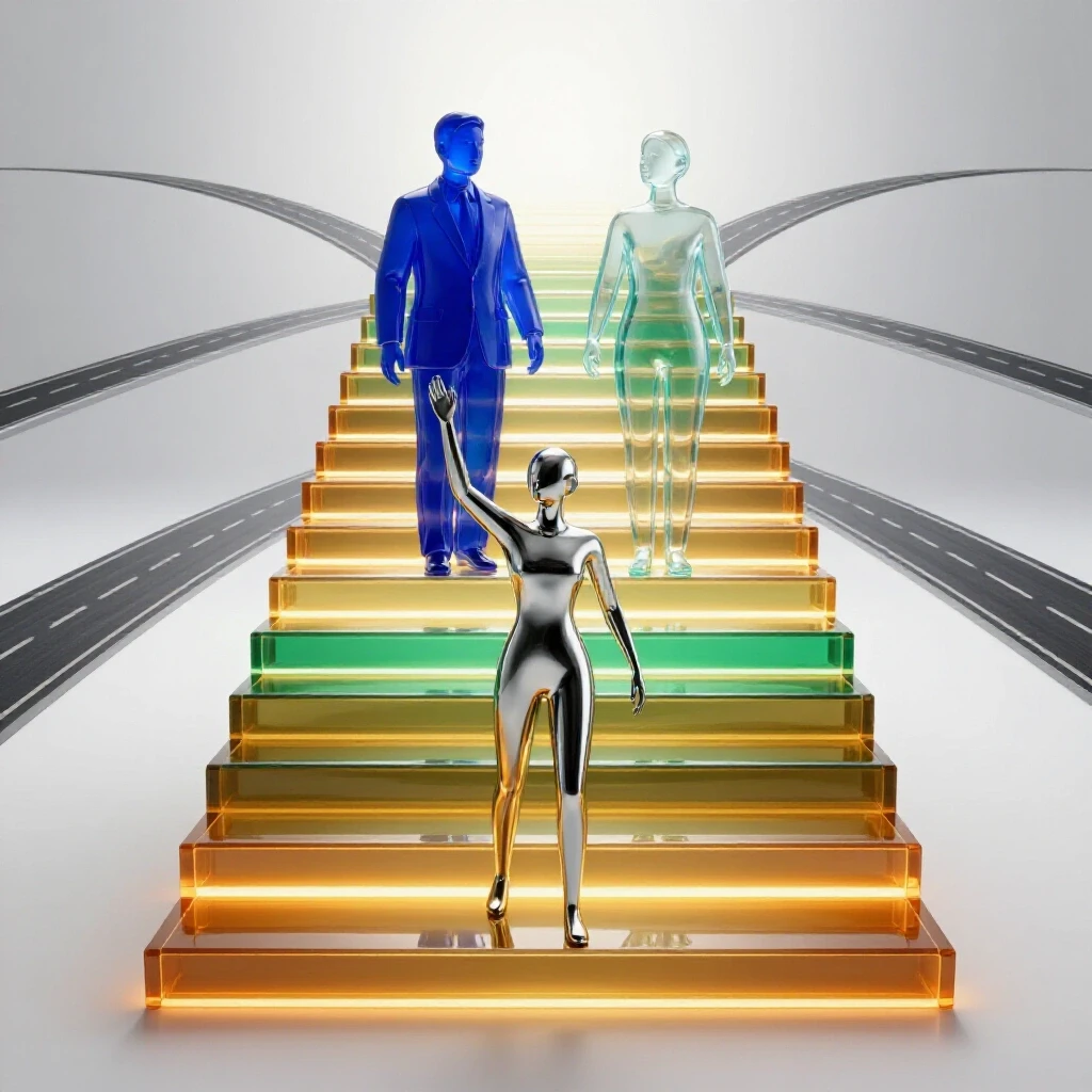 Glowing staircase with abstract mentor figure guiding another upward, set before branching roads fading into a bright horizon.