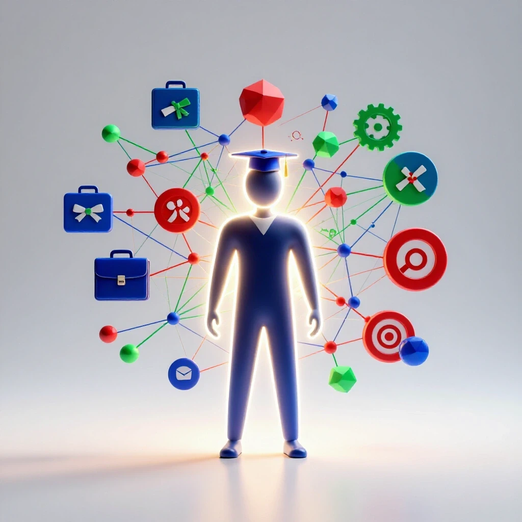 Abstract figure at center of vibrant, glowing network lines linking professional symbols on bright background.