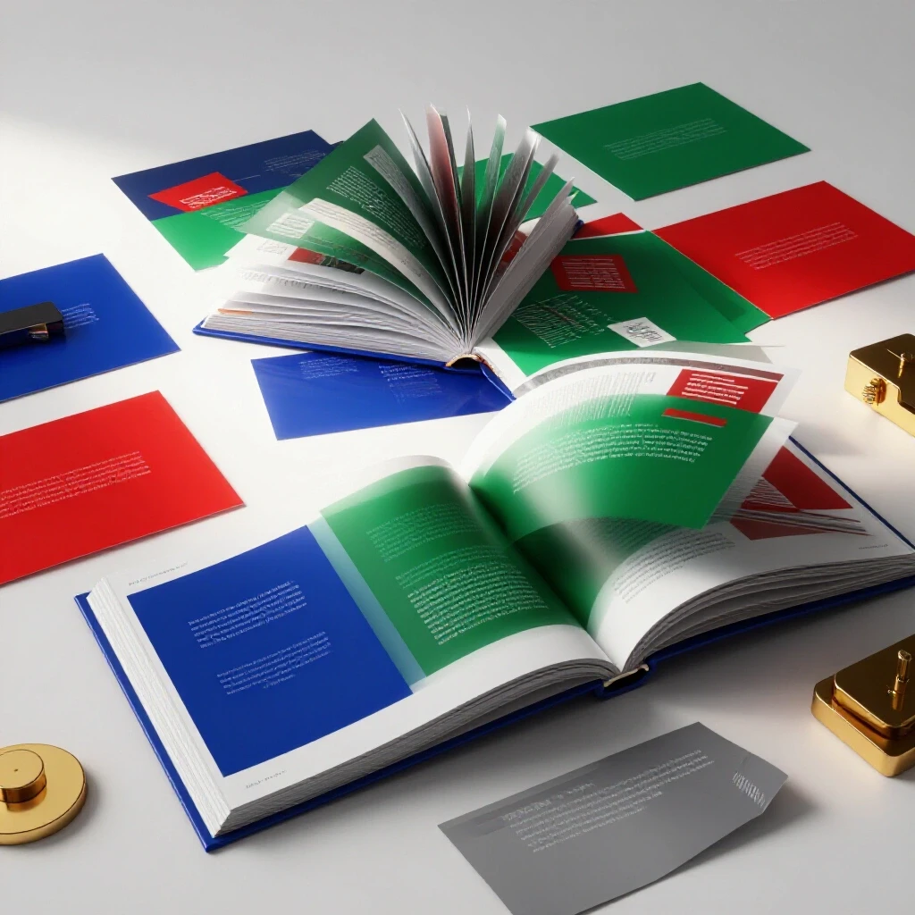 A centered, vibrant portfolio on a modern desk, open to colorful project samples under bright studio lighting.