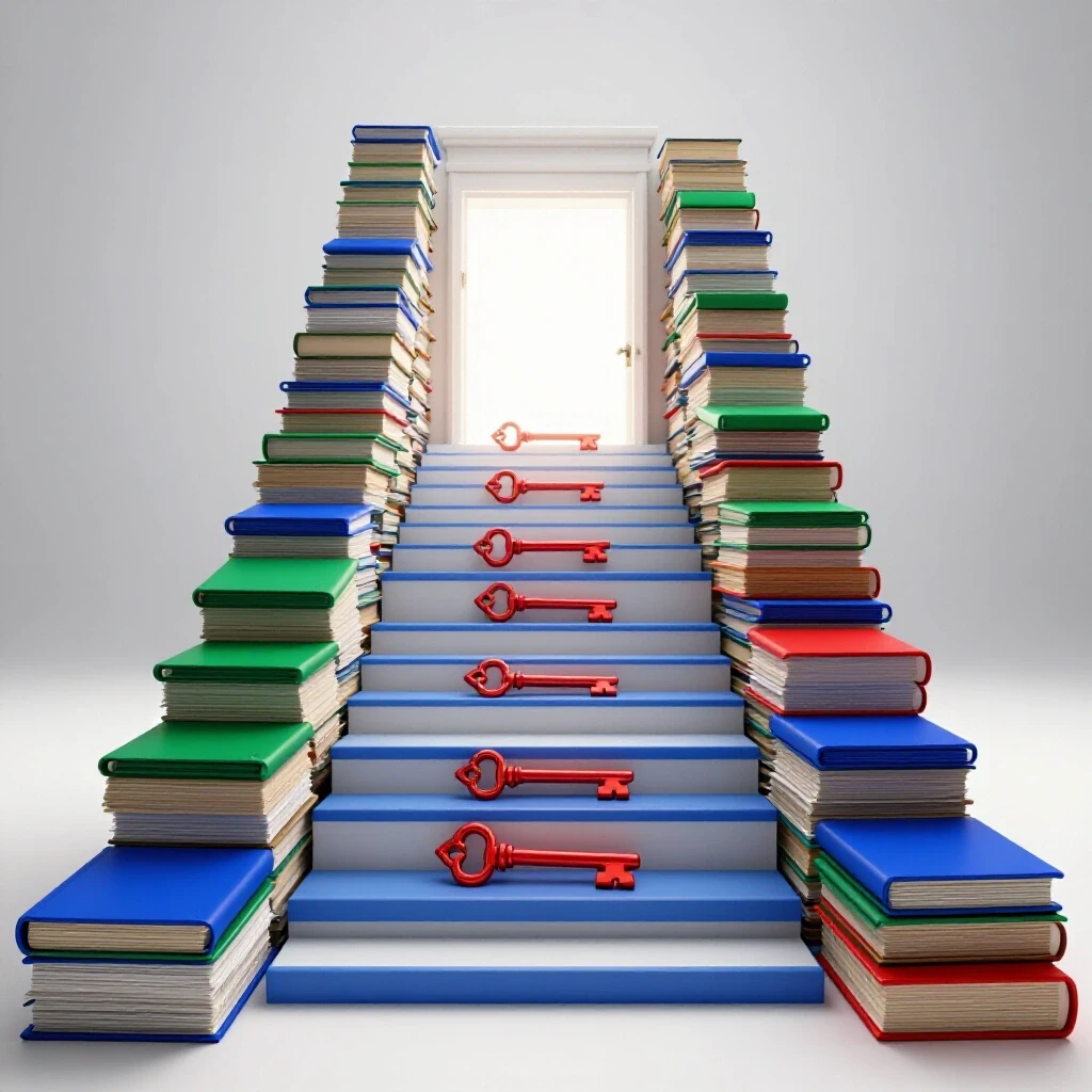 A dynamic staircase of documents, certificates, and symbolic keys leads upward to a glowing doorway, set against a bright illuminated background.