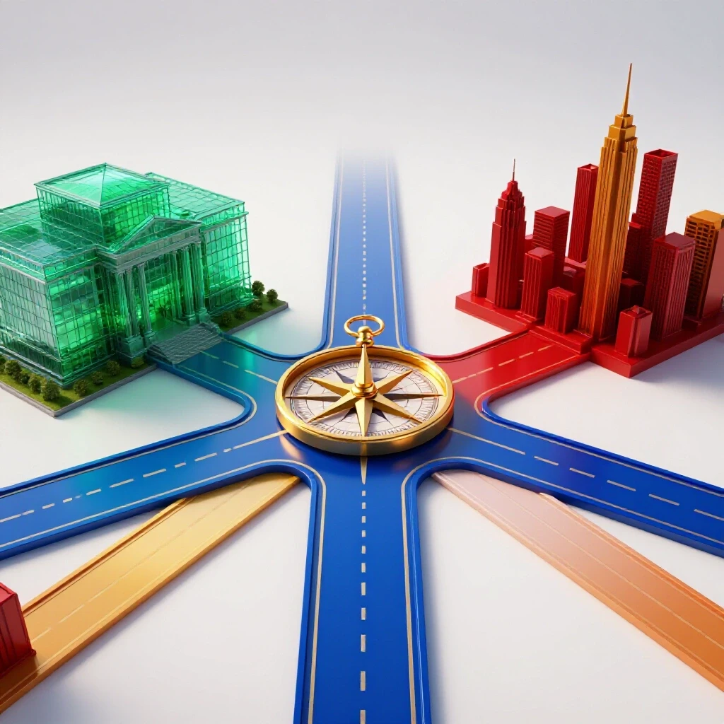 A golden compass at a crossroads with paths leading to a bright academic building and a vivid city skyline.