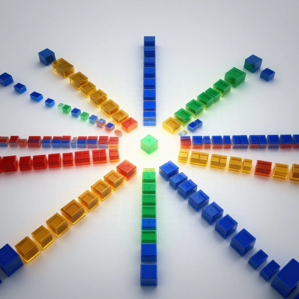 Central intersection platform with glowing colored cubes and grid backdrop symbolizing degree pathways and structured decision-making